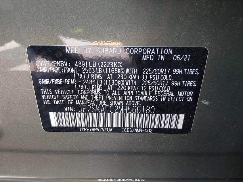 2021 Subaru Forester VIN JF2SKAFC2MH566180 IAAI salvage auction — SIDE, Salvage (Missouri), sold $6,700 on 2026-07-26 (photo 9)