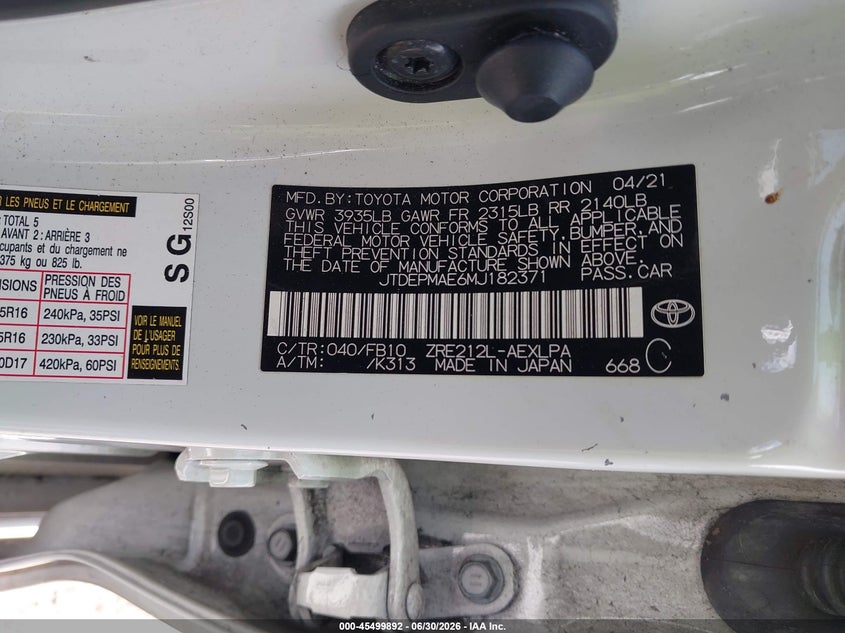 2021 Toyota Corolla VIN JTDEPMAE6MJ182371 IAAI salvage auction — FRONT END, Certificate Of Destruction (Florida), sold $3,150 on 2026-07-29 (photo 9)