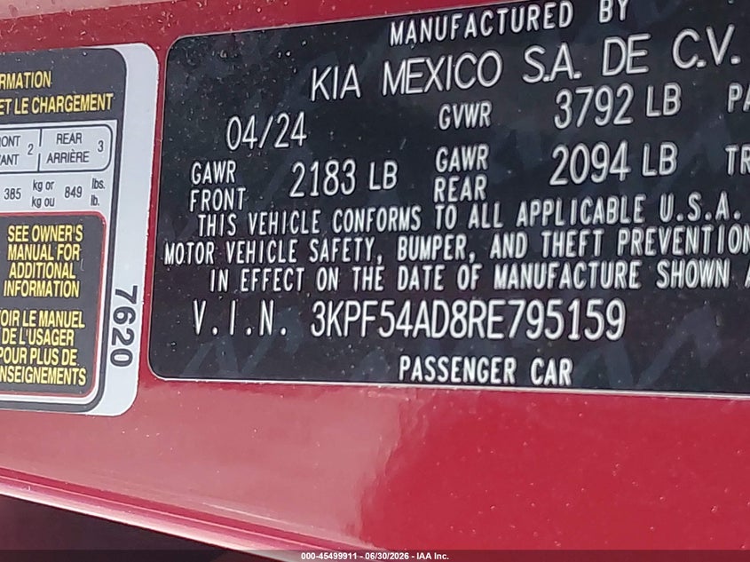 2024 Kia Forte VIN 3KPF54AD8RE795159 IAAI salvage auction — REAR END, Original (Texas), sold $7,500 on 2026-09-01 (photo 9)
