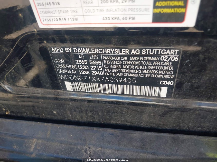 2007 Mercedes-benz S class VIN WDDNG71XX7A039405 IAAI salvage auction — NORMAL WEAR, Clear - Dealer Only (California), sold $425 on 2026-07-28 (photo 9)