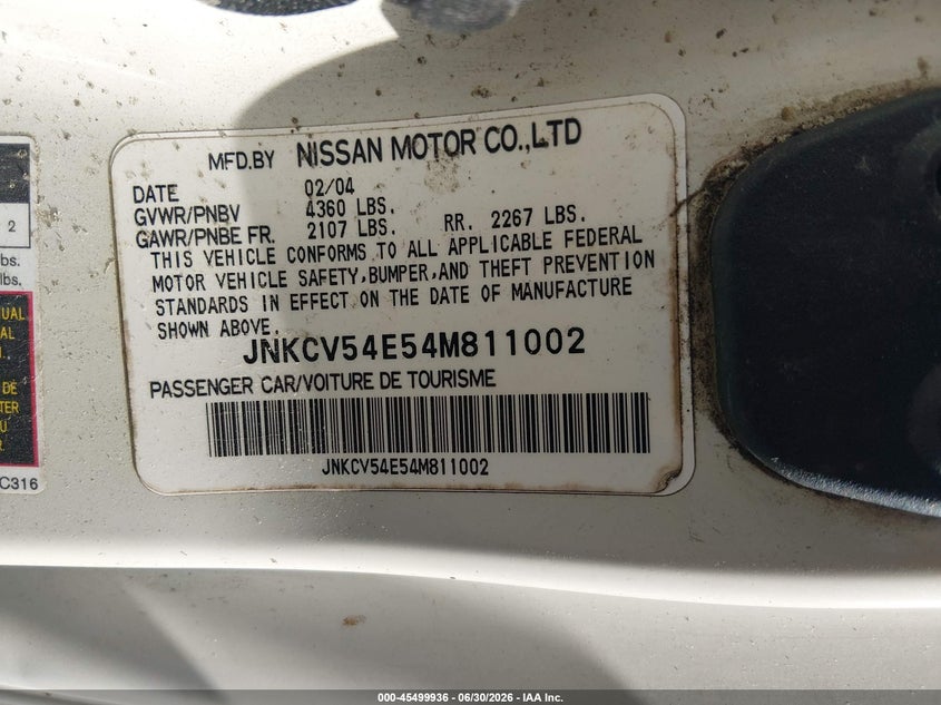 2004 Infiniti G35 VIN JNKCV54E54M811002 IAAI salvage auction — FRONT & REAR, Salvage (Pennsylvania), sold $425 on 2026-07-12 (photo 9)