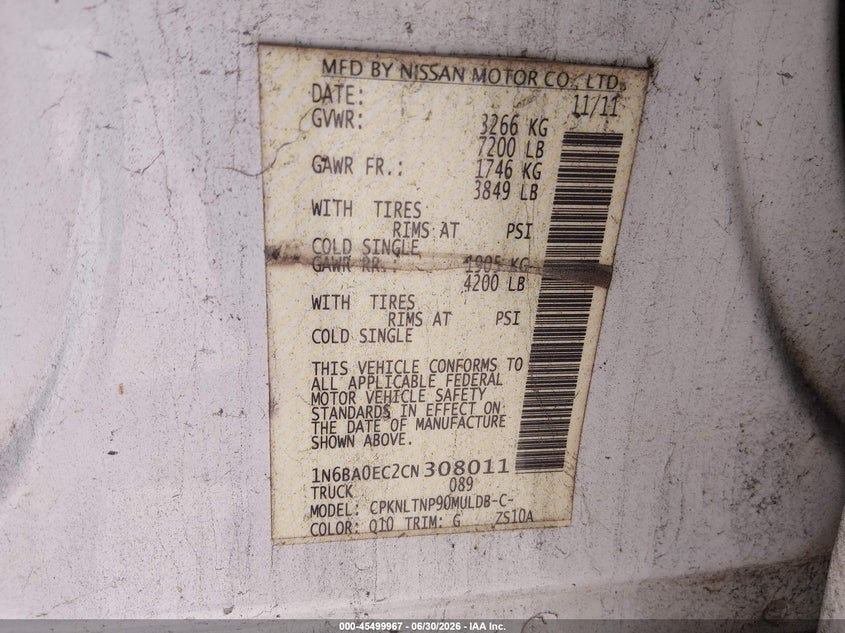 2012 Nissan TITAN VIN 1N6BA0EC2CN308011 IAAI salvage auction — NORMAL WEAR, Original (Texas), sold $1,600 on 2026-07-20 (photo 9)