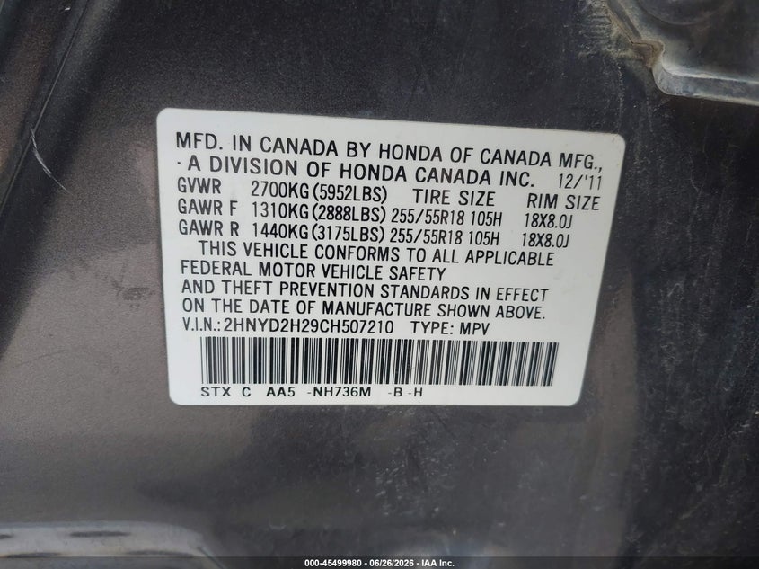 2012 Acura Mdx VIN 2HNYD2H29CH507210 IAAI salvage auction — FRONT END, Regular Certificate (Iowa), sold $525 on 2026-07-28 (photo 9)