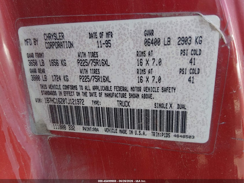 1996 Dodge Ram 1500 VIN 1B7HC16Z0TJ121972 IAAI salvage auction — NORMAL WEAR, Clear (Nevada), sold $125 on 2026-07-24 (photo 9)