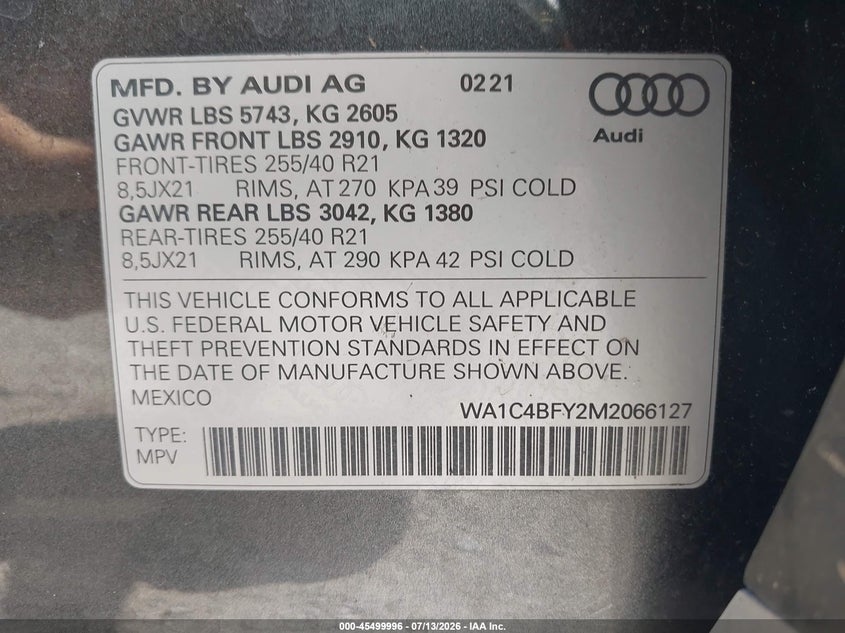 2021 Audi Sq5 VIN WA1C4BFY2M2066127 IAAI salvage auction — FRONT & REAR, Salvage (Massachusetts), sold $10,700 on 2026-08-06 (photo 9)