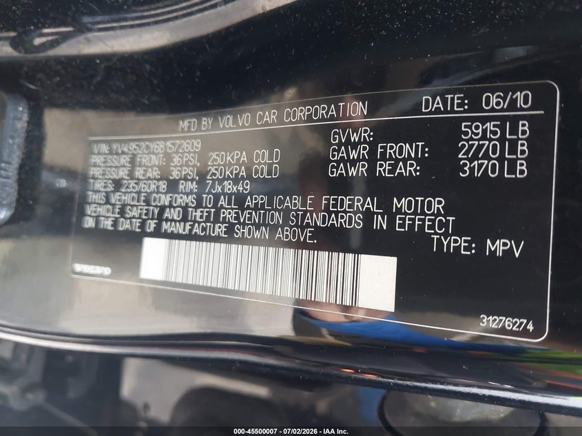 2011 Volvo Xc90 VIN YV4952CY6B1572609 IAAI salvage auction — NORMAL WEAR, Clear (North Carolina), sold $450 on 2026-07-29 (photo 9)