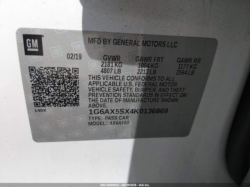 2019 Cadillac Cts VIN 1G6AX5SX4K0136869 IAAI salvage auction — ROOF, Salvage (Idaho), sold $7,050 on 2026-07-14 (photo 9)