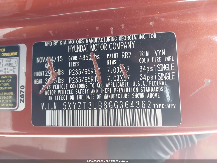 2016 Hyundai Santa fe VIN 5XYZT3LB8GG364362 IAAI salvage auction — FRONT END, Salvage Title, sold $1,650 on 2026-07-15 (photo 9)
