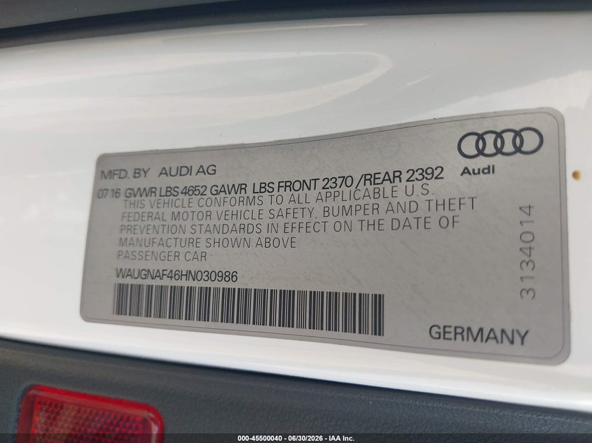 2017 Audi A4 VIN WAUGNAF46HN030986 IAAI salvage auction — LEFT FRONT, Salvage Title, sold $1,750 on 2026-07-26 (photo 9)