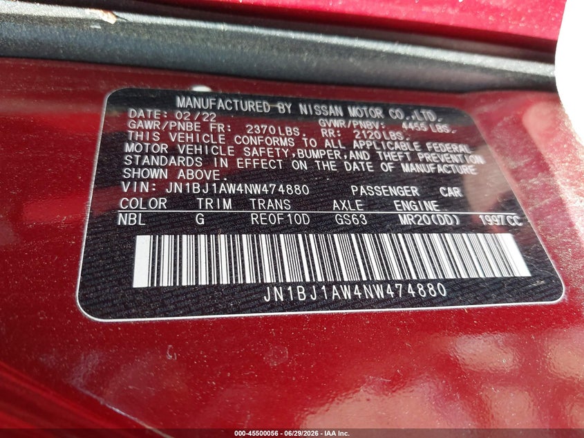 2022 Nissan Rogue VIN JN1BJ1AW4NW474880 IAAI salvage auction — FRONT & REAR, Salvage Title, sold $3,650 on 2026-07-29 (photo 9)