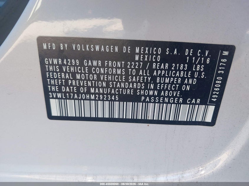 2017 Volkswagen Jetta VIN 3VWL17AJ0HM292345 IAAI salvage auction — REAR END, Salvage Title, sold $3,150 on 2026-08-12 (photo 9)