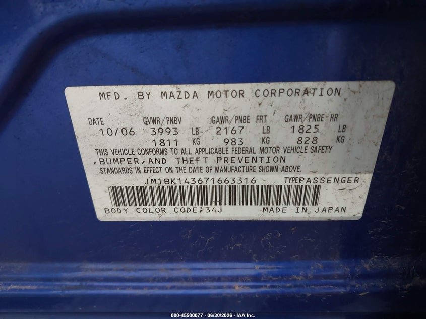 2007 Mazda 3 VIN JM1BK143671663316 IAAI salvage auction — NORMAL WEAR, Clear (New York), sold $575 on 2026-07-07 (photo 9)