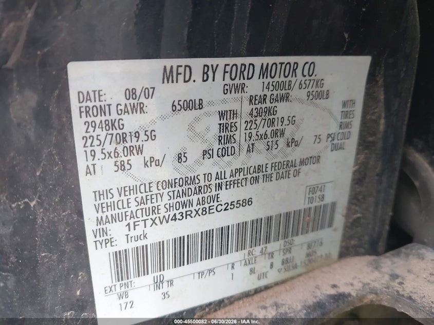 2008 Ford F-450 VIN 1FTXW43RX8EC25586 IAAI salvage auction — INTERIOR BURN, Mv-907A (New York), sold $800 on 2026-07-09 (photo 9)