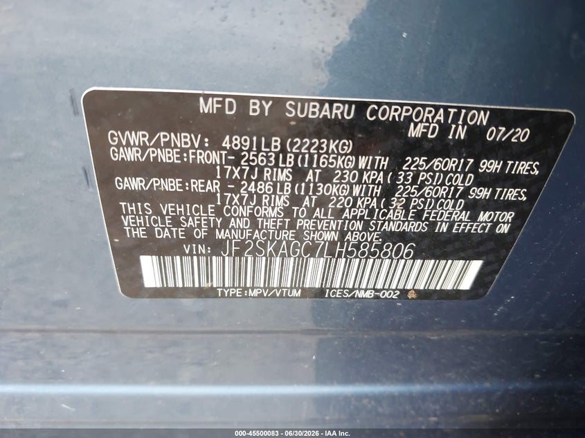 2020 Subaru Forester VIN JF2SKAGC7LH585806 IAAI salvage auction — REAR END, Mv-907A (New York), sold $3,550 on 2026-07-28 (photo 9)