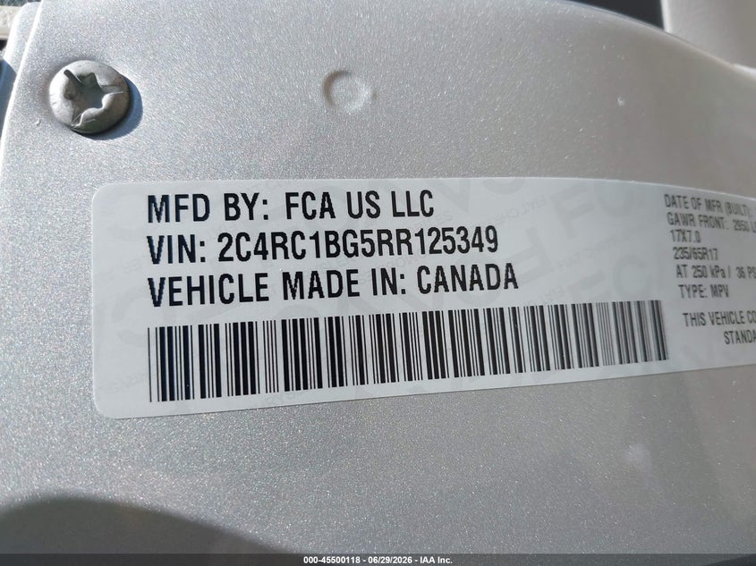 2024 Chrysler Pacifica VIN 2C4RC1BG5RR125349 IAAI salvage auction — FRONT END, Salvage - Greater Than 75% (Maryland), sold $3,950 on 2026-08-28 (photo 9)