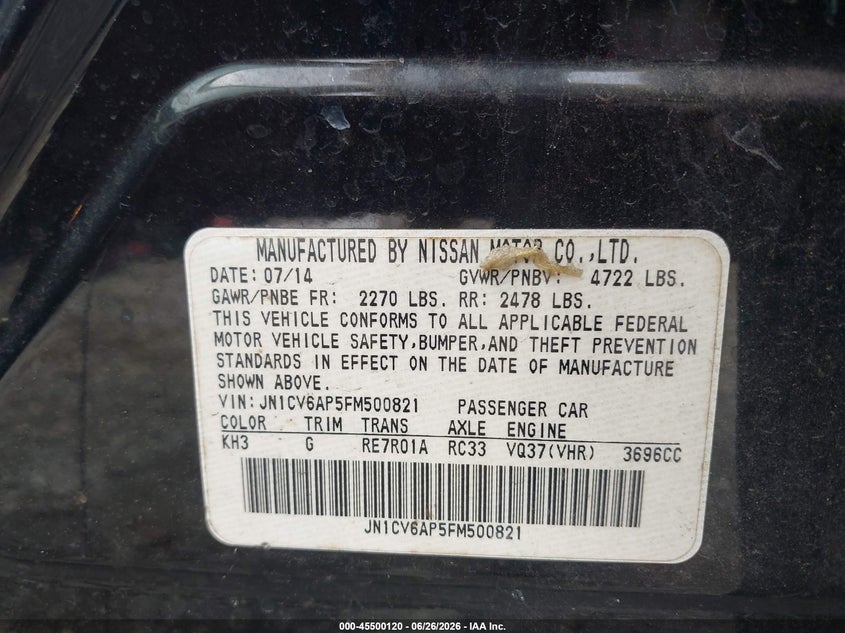 2015 Infiniti Q40 VIN JN1CV6AP5FM500821 IAAI salvage auction — NORMAL WEAR, Clear (Tennessee), sold $575 on 2026-07-23 (photo 9)