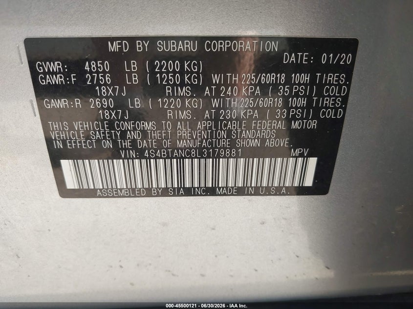 2020 Subaru Outback VIN 4S4BTANC8L3179881 IAAI salvage auction — REAR END, Salvage (Ohio), sold $7,500 on 2026-07-28 (photo 9)
