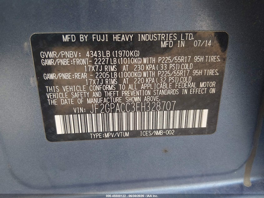 2014 Subaru Xv VIN JF2GPACC3EH328707 IAAI salvage auction — FRONT END, Salvage Title, sold $425 on 2026-07-31 (photo 9)