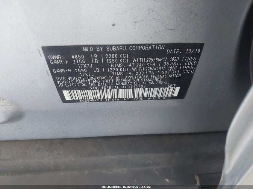 2020 Subaru Outback VIN 4S4BTAEC4L3119709 IAAI salvage auction — FRONT END, Salvage Title, sold $4,800 on 2026-07-31 (photo 9)