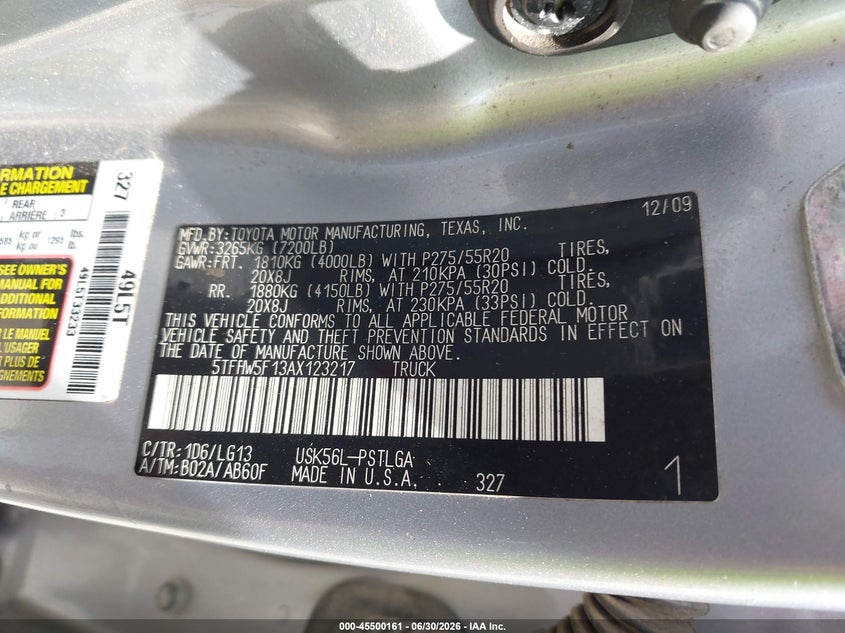 2010 Toyota Tundra VIN 5TFHW5F13AX123217 IAAI salvage auction — ROOF, Salvage (Virginia), sold $6,700 on 2026-07-17 (photo 9)