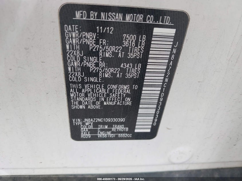 2013 Infiniti Qx56 VIN JN8AZ2NC1D9330390 IAAI salvage auction — NORMAL WEAR, Clear (Indiana), sold $1,050 on 2026-07-15 (photo 9)