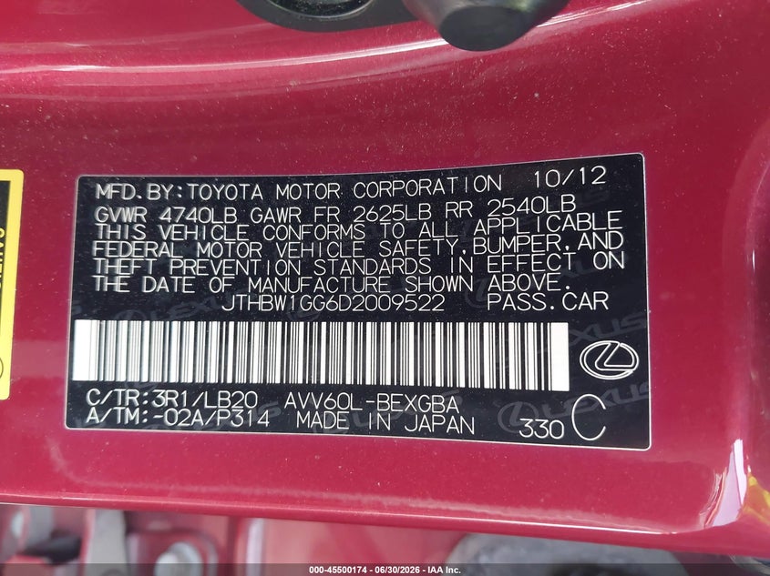 2013 Lexus ES VIN JTHBW1GG6D2009522 IAAI salvage auction — NORMAL WEAR, Original (Texas), sold $4,175 on 2026-07-27 (photo 9)