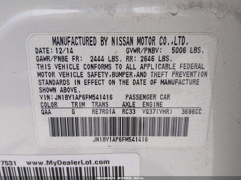 2015 Infiniti Q70 VIN JN1BY1AP6FM541416 IAAI salvage auction — NORMAL WEAR, Original (Texas), sold $3,975 on 2026-07-21 (photo 9)