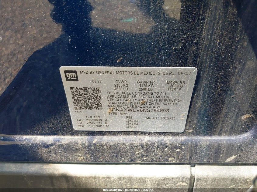 2022 Chevrolet Equinox VIN 3GNAXWEV6NS194693 IAAI salvage auction — FRONT END, Salvage (Ohio), sold $7,725 on 2026-07-30 (photo 9)