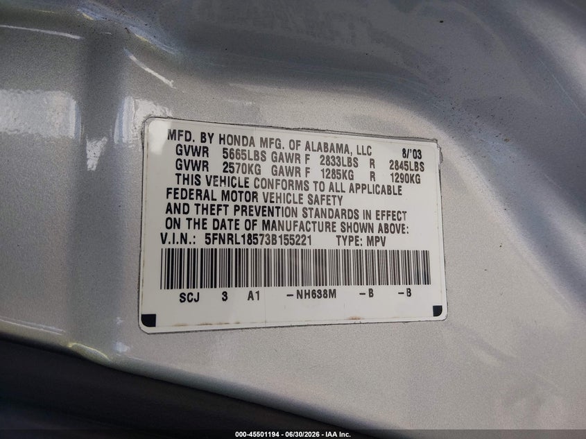 2003 Honda Odyssey VIN 5FNRL18573B155221 IAAI salvage auction — REAR END, Salvage (South Carolina), sold $300 on 2026-08-03 (photo 9)