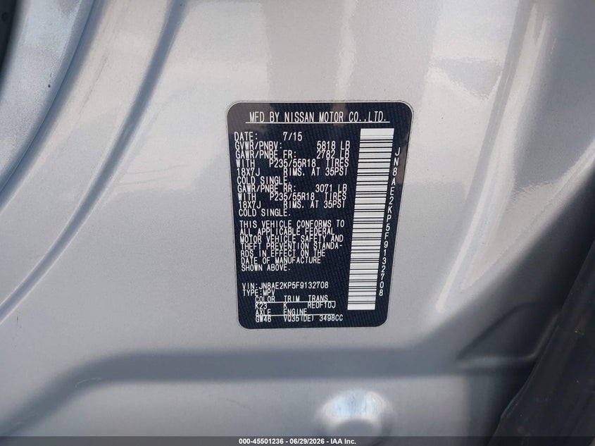 2015 Nissan Quest VIN JN8AE2KP5F9132708 IAAI salvage auction — RIGHT REAR, Rebuildable (Florida), sold $700 on 2026-07-13 (photo 9)
