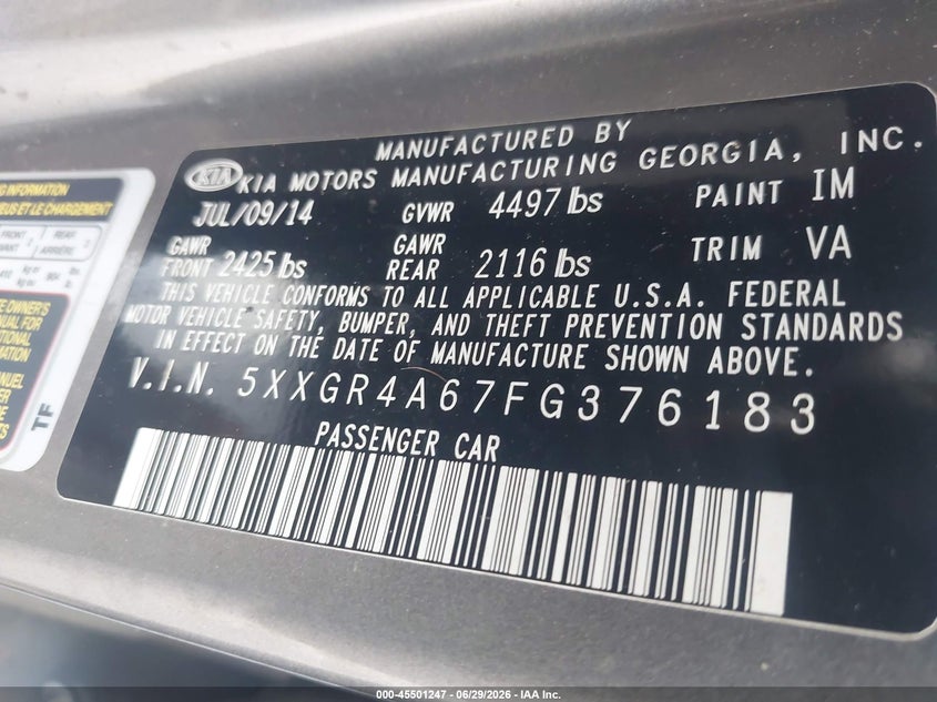 2015 Kia Optima VIN 5XXGR4A67FG376183 IAAI salvage auction — NORMAL WEAR, Clear (Georgia), sold $450 on 2026-07-29 (photo 9)