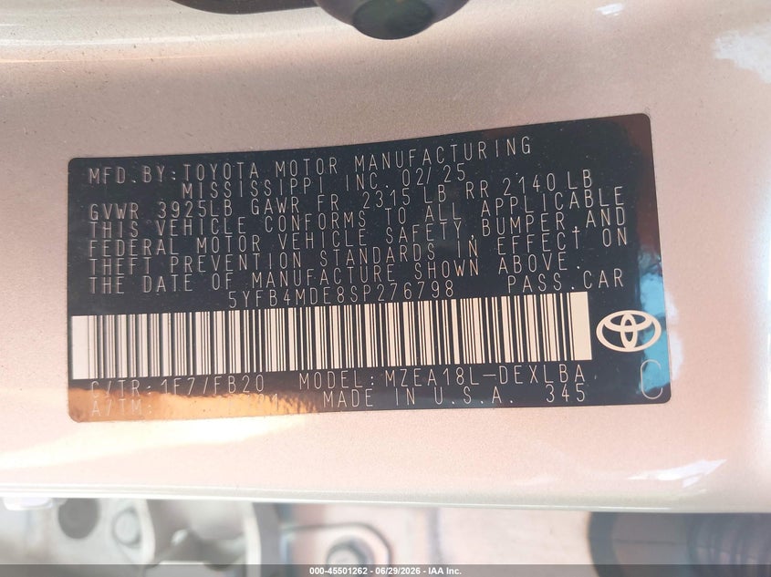 2025 Toyota Corolla VIN 5YFB4MDE8SP276798 IAAI salvage auction — REAR END, Salvage Title, sold $7,200 on 2026-07-08 (photo 9)