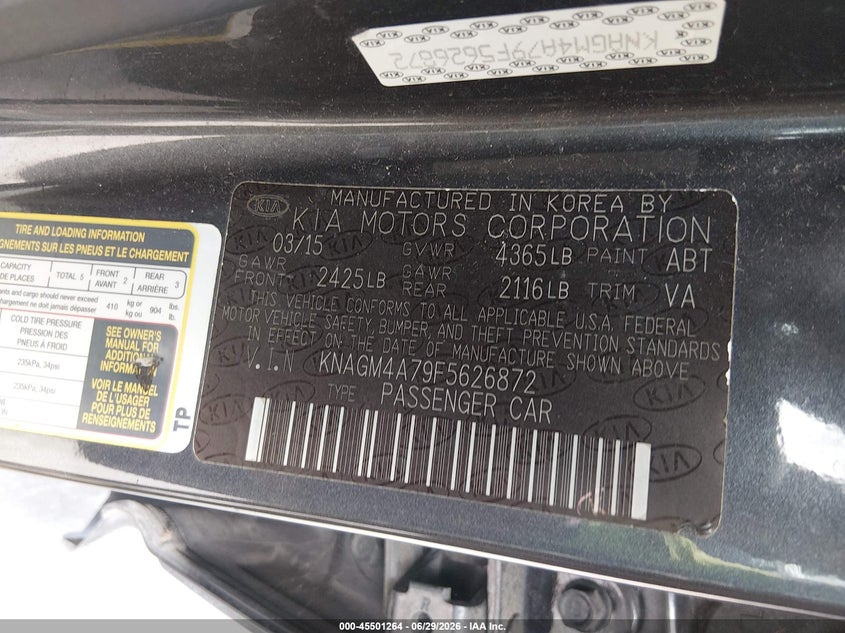 2015 Kia Optima VIN KNAGM4A79F5626872 IAAI salvage auction — REAR END, Salvage (Texas), sold $575 on 2026-07-20 (photo 9)