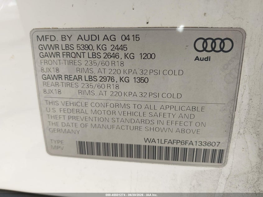 2015 Audi Q5 VIN WA1LFAFP6FA133607 IAAI salvage auction — FRONT END, Salvage Title, sold $2,100 on 2026-07-22 (photo 9)