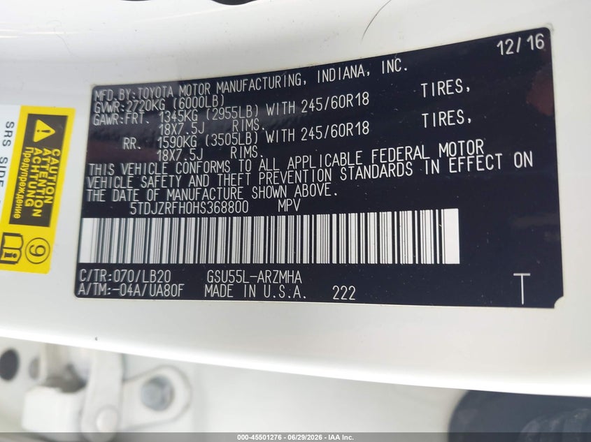 2017 Toyota Highlander VIN 5TDJZRFH0HS368800 IAAI salvage auction — FRONT END, Salvage Title, sold $5,175 on 2026-07-15 (photo 9)