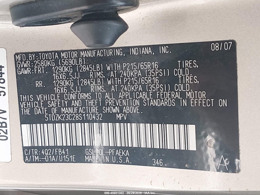 2008 Toyota Sienna VIN 5TDZK23C28S110432 IAAI salvage auction — FRONT END, Salvage (Kentucky), sold $775 on 2026-08-01 (photo 9)