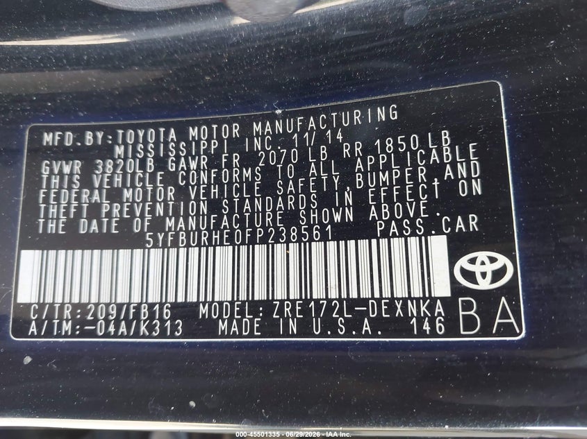 2015 Toyota Corolla VIN 5YFBURHE0FP238561 IAAI salvage auction — LEFT FRONT, Salvage (California), sold $2,050 on 2026-07-29 (photo 9)
