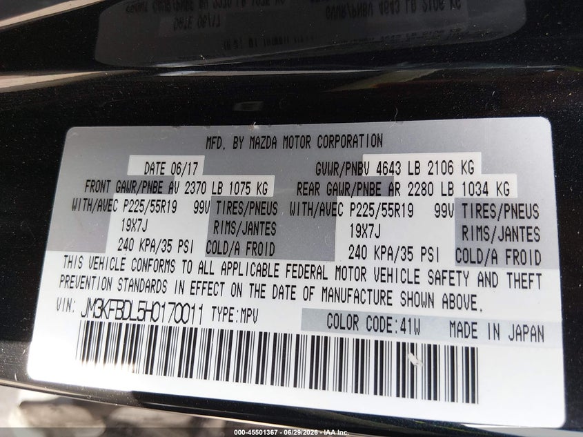 2017 Mazda Cx-5 VIN JM3KFBDL5H0170011 IAAI salvage auction — HAIL, Salvage (Ohio), sold $5,600 on 2026-07-28 (photo 9)