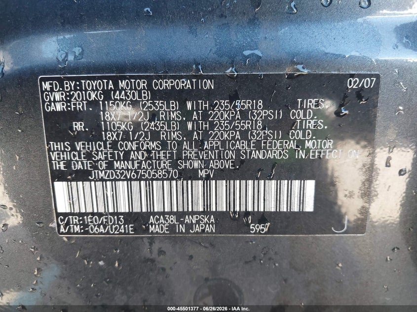 2007 Toyota Rav4 VIN JTMZD32V675058570 IAAI salvage auction — NORMAL WEAR, Clear - Dealer Only (California), sold $1,600 on 2026-07-13 (photo 9)