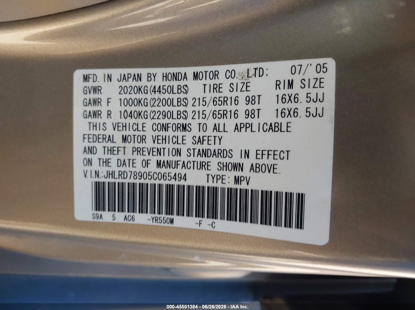 2005 Honda Cr-v VIN JHLRD78905C065494 IAAI salvage auction — THEFT, Salvage (California), sold $1,100 on 2026-07-10 (photo 9)
