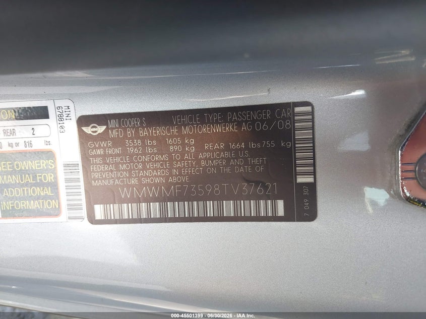 2008 Mini Cooper VIN WMWMF73598TV37621 IAAI salvage auction — ENGINE DAMAGE, Clear (Florida), sold $300 on 2026-07-11 (photo 9)