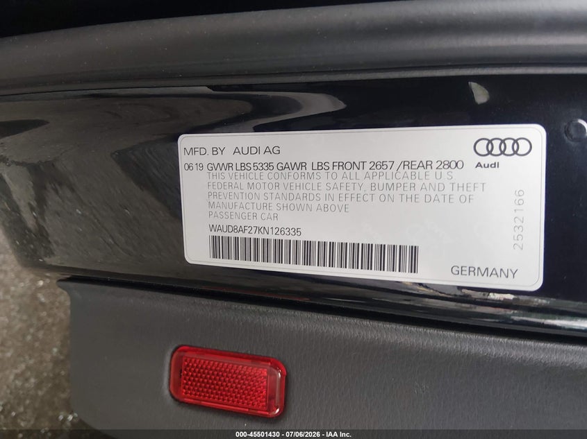 2019 Audi A6 VIN WAUD8AF27KN126335 IAAI salvage auction — REAR END, Wait Title, sold $10,600 on 2026-08-16 (photo 9)
