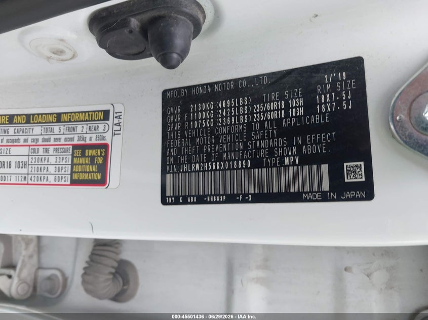 2019 Honda Cr-v VIN JHLRW2H56KX018890 IAAI salvage auction — RIGHT SIDE, Salvage (Virginia), sold $4,650 on 2026-09-10 (photo 9)