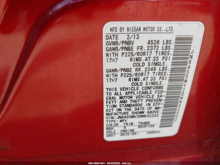 2013 Nissan Rogue VIN JN8AS5MV2DW632202 IAAI salvage auction — REAR END, Clear (Massachusetts), sold $650 on 2026-07-17 (photo 9)