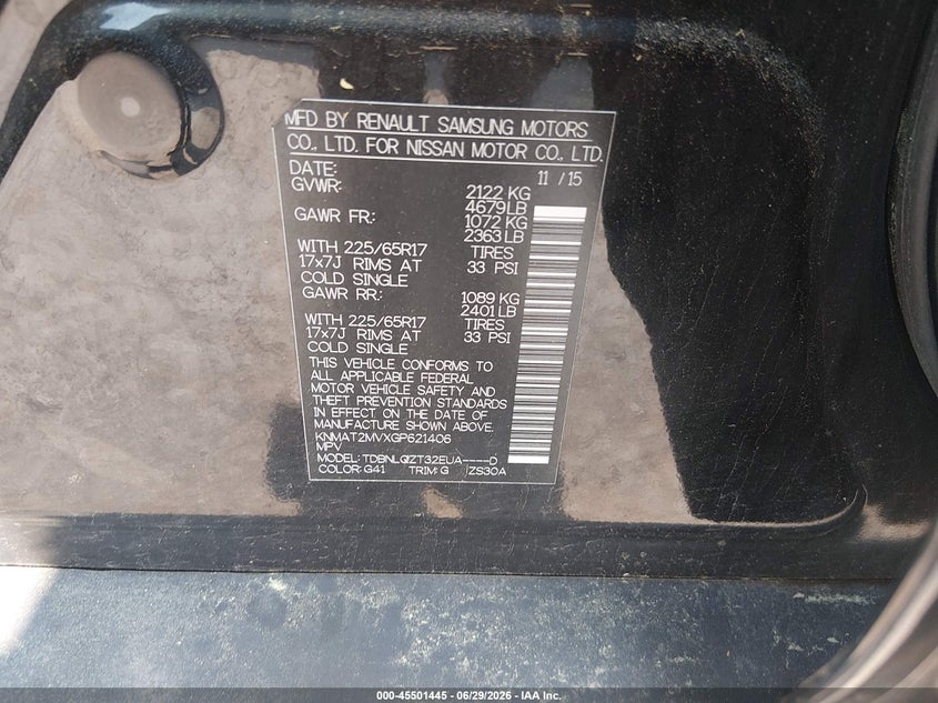 2016 Nissan Rogue VIN KNMAT2MVXGP621406 IAAI salvage auction — NORMAL WEAR, Original (New Hampshire), sold $2,025 on 2026-07-08 (photo 9)