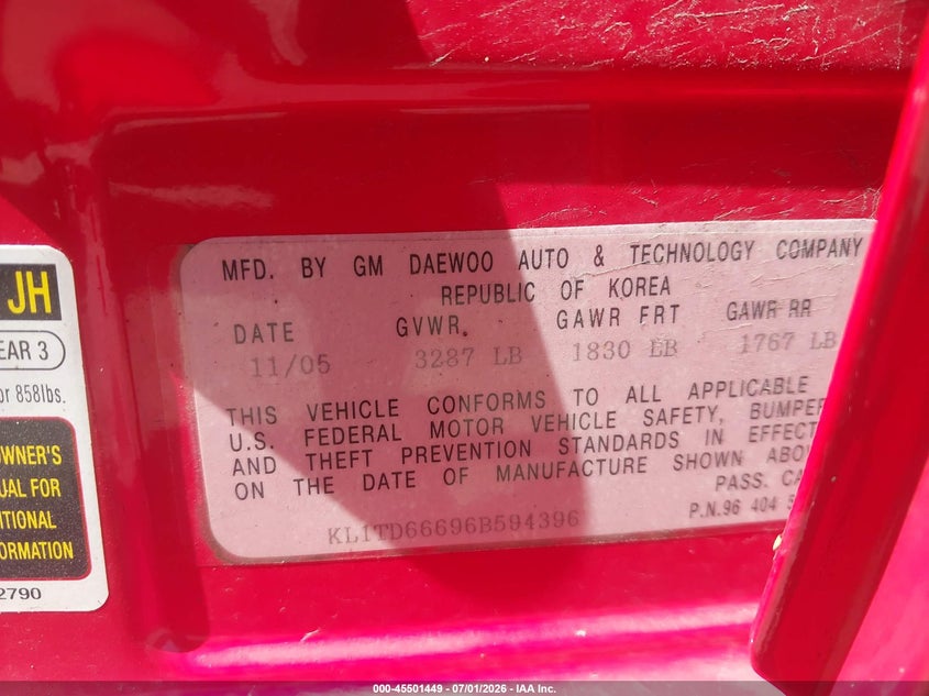 2006 Chevrolet Aveo VIN KL1TD66696B594396 IAAI salvage auction — NORMAL WEAR, Original (Ohio), sold $125 on 2026-07-21 (photo 9)
