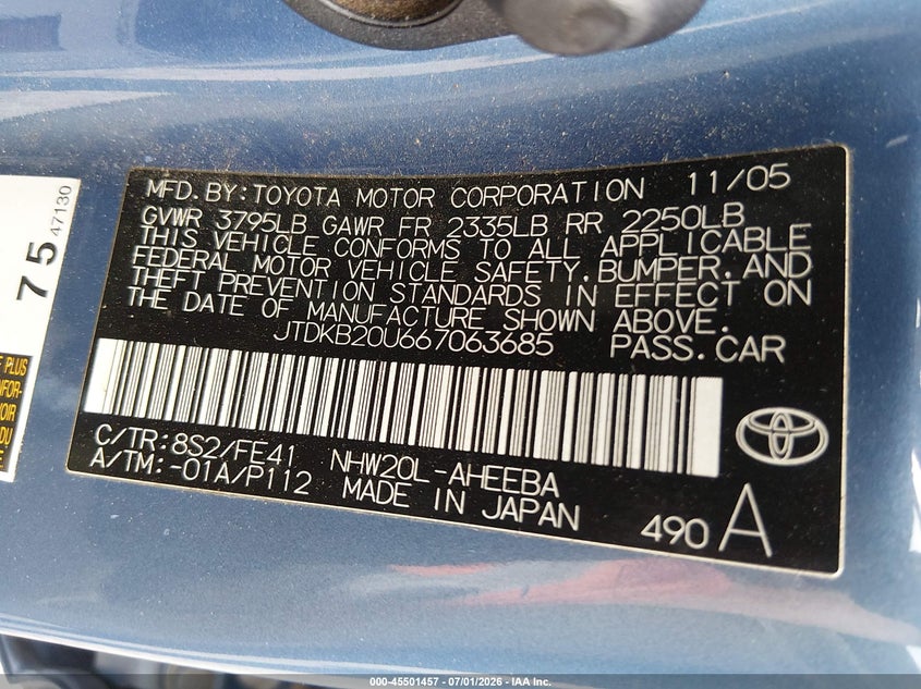 2006 Toyota Prius VIN JTDKB20U667063685 IAAI salvage auction — NORMAL WEAR, Clear - Public Restricted (Oregon), sold $2,300 on 2026-07-06 (photo 9)