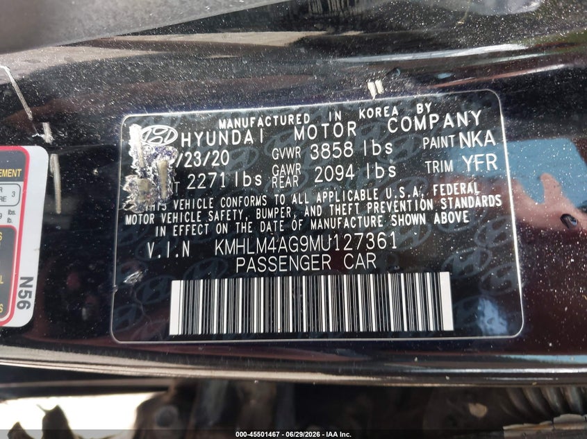 2021 Hyundai Elantra VIN KMHLM4AG9MU127361 IAAI salvage auction — LEFT SIDE, Salvage Title, sold $1,800 on 2026-07-23 (photo 9)