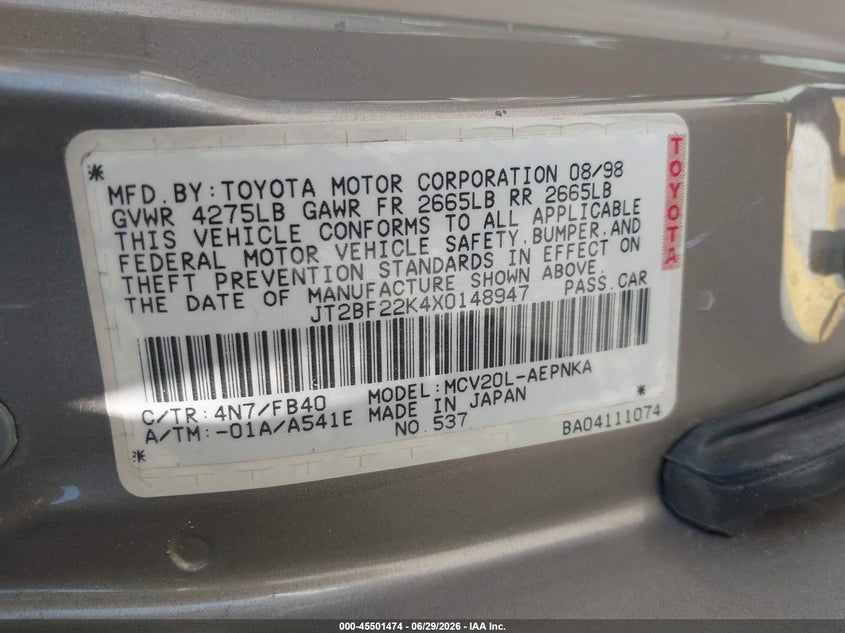 1999 Toyota Camry VIN JT2BF22K4X0148947 IAAI salvage auction — RIGHT FRONT, Salvage (California), sold $425 on 2026-07-13 (photo 9)