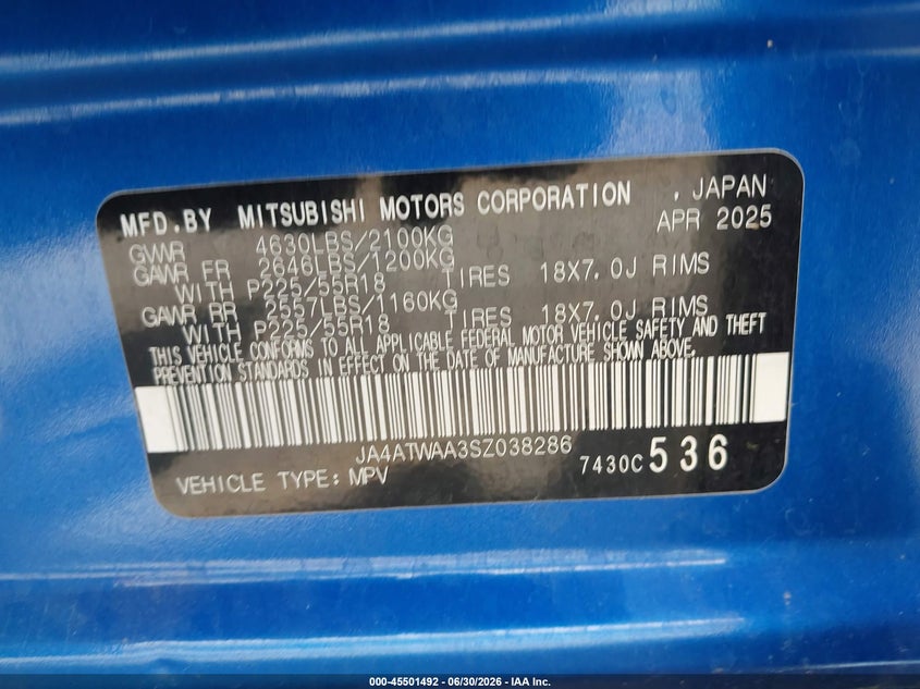 2025 Mitsubishi Eclipse cross VIN JA4ATWAA3SZ038286 IAAI salvage auction — REAR END, Enterprise Vehicles Clear Only (Louisiana), sold $5,550 on 2026-07-15 (photo 9)